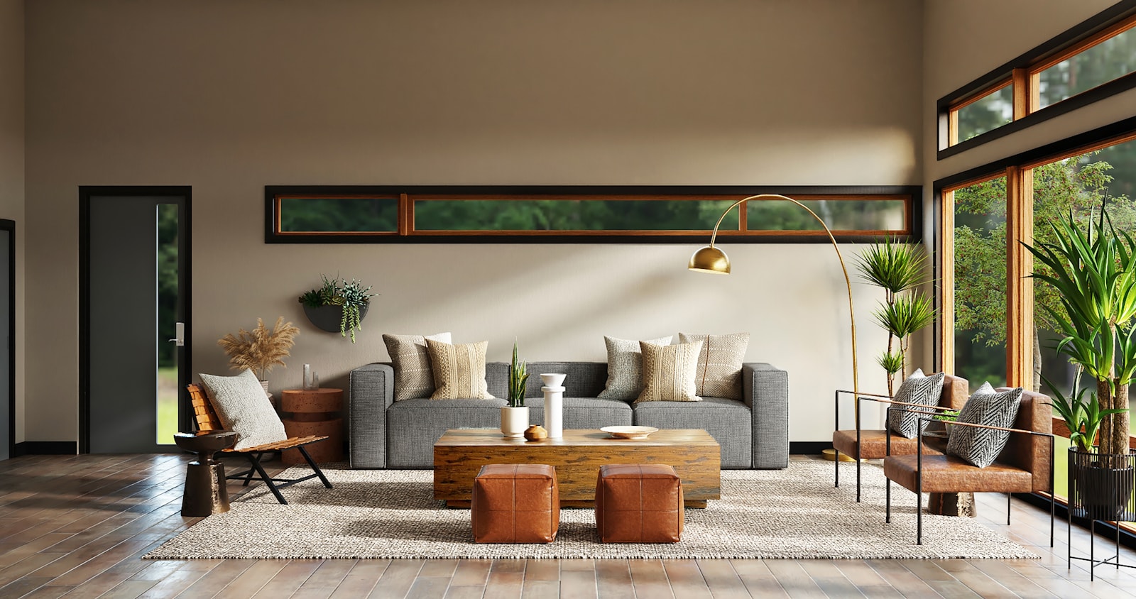 Living room sofa zone with soft textiles